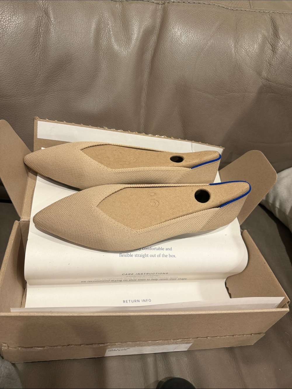 Rothy's Beige Pointed Knit Slip-On Flats with Blue Heel Trim